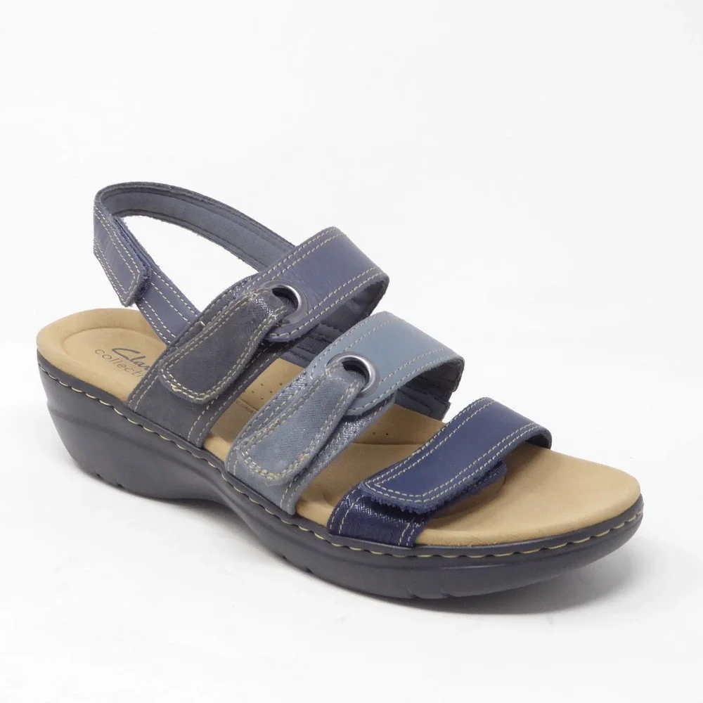 Clarks Merliah2 Bali Womens Sandals Blue Multi-Strap Wedge Comfort Shoes 10W